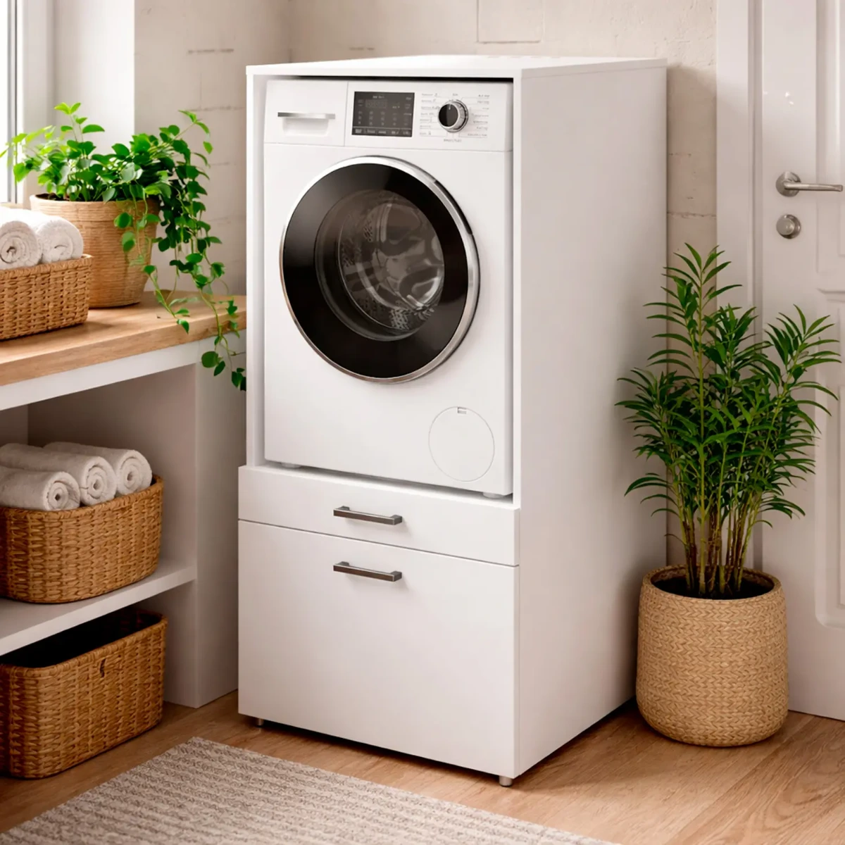 Mobile Lavatrice con Cassettone e Mensola Estraibile Mobiletto Lavanderia o Asciugatrice Salvaspazio con Vano Incasso Piano d' Appoggio e Contenitore Bagno Ripostiglio 67 × 65 × 144 Cm