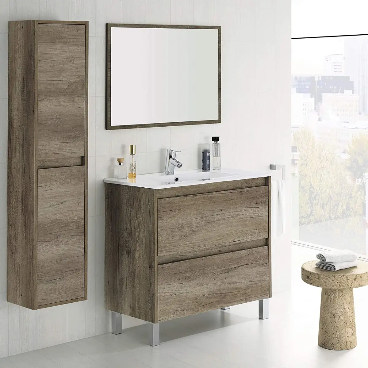 Mobile Bagno Sospeso Armadietto a Colonna Armadio Pensile 2 Ante 4 Ripiani Rovere Arredamento Bagno Nordico Moderno