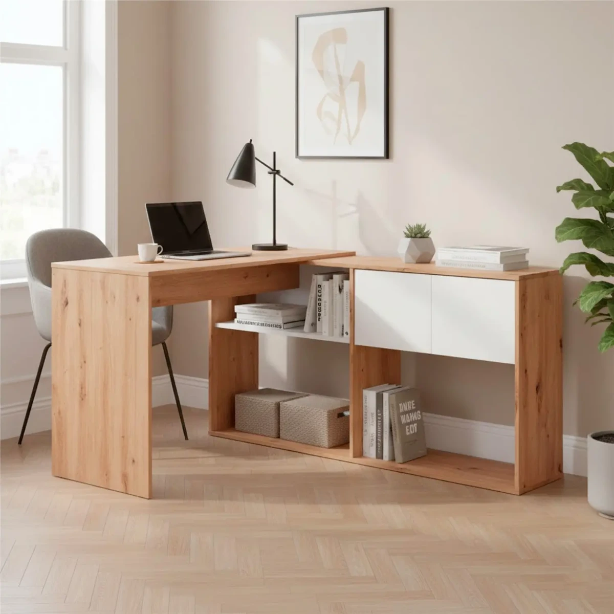 Scrivania Libreria Multiposizione Reversibile con 2 Ante e Ripiani Tavolo Ufficio Casa Salvaspazio con 3 configurazioni Verticale e Orizzontale Dimensioni: 140 x 108 x 70 Cm