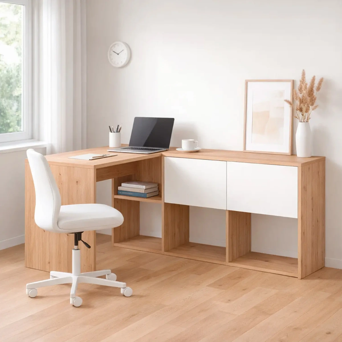 Scrivania Libreria Multiposizione Reversibile con 2 Ante e Ripiani Tavolo Ufficio Casa Salvaspazio con 3 configurazioni Verticale e Orizzontale Dimensioni: 140 x 108 x 70 Cm
