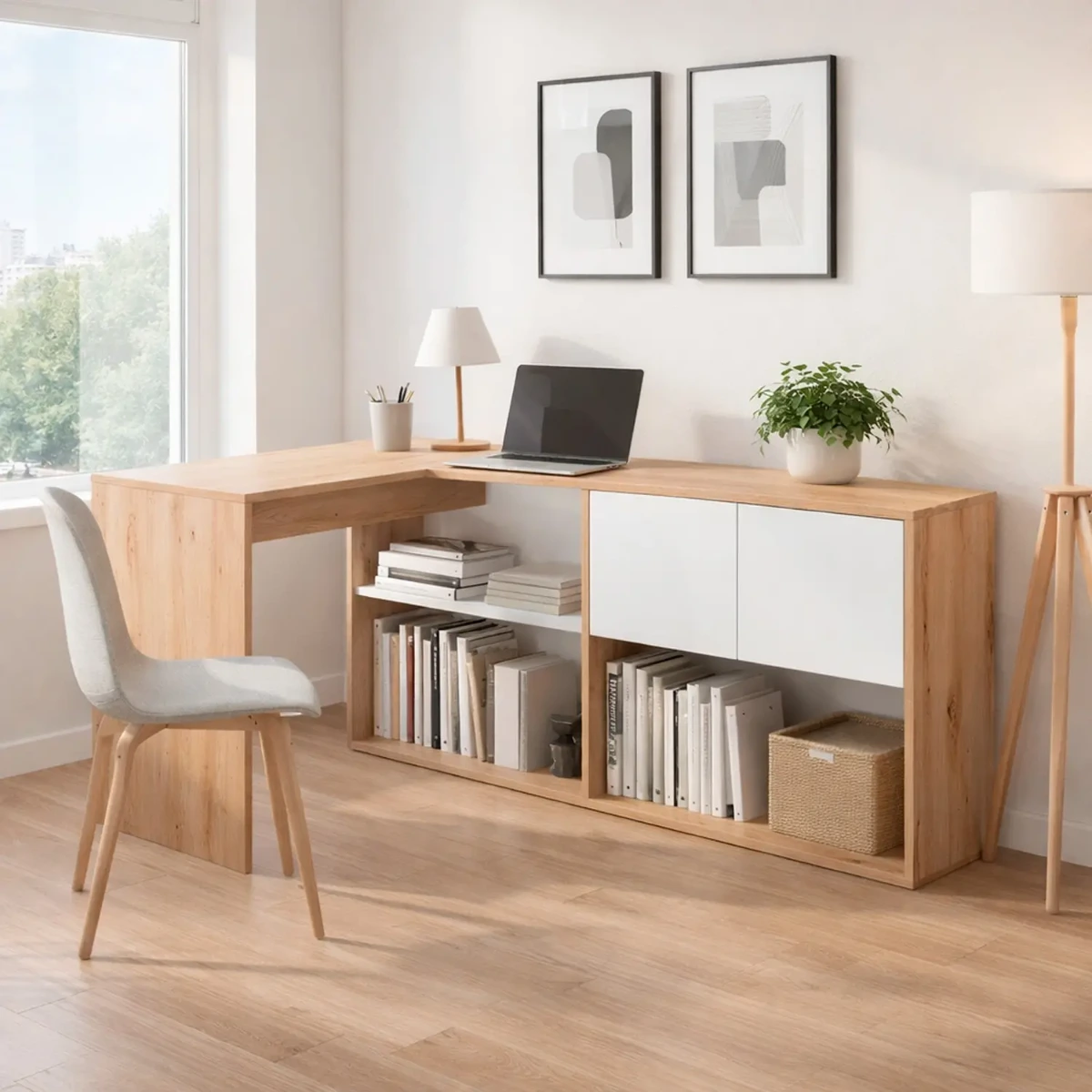 Scrivania Libreria Multiposizione Reversibile con 2 Ante e Ripiani Tavolo Ufficio Casa Salvaspazio con 3 configurazioni Verticale e Orizzontale Dimensioni: 140 x 108 x 70 Cm