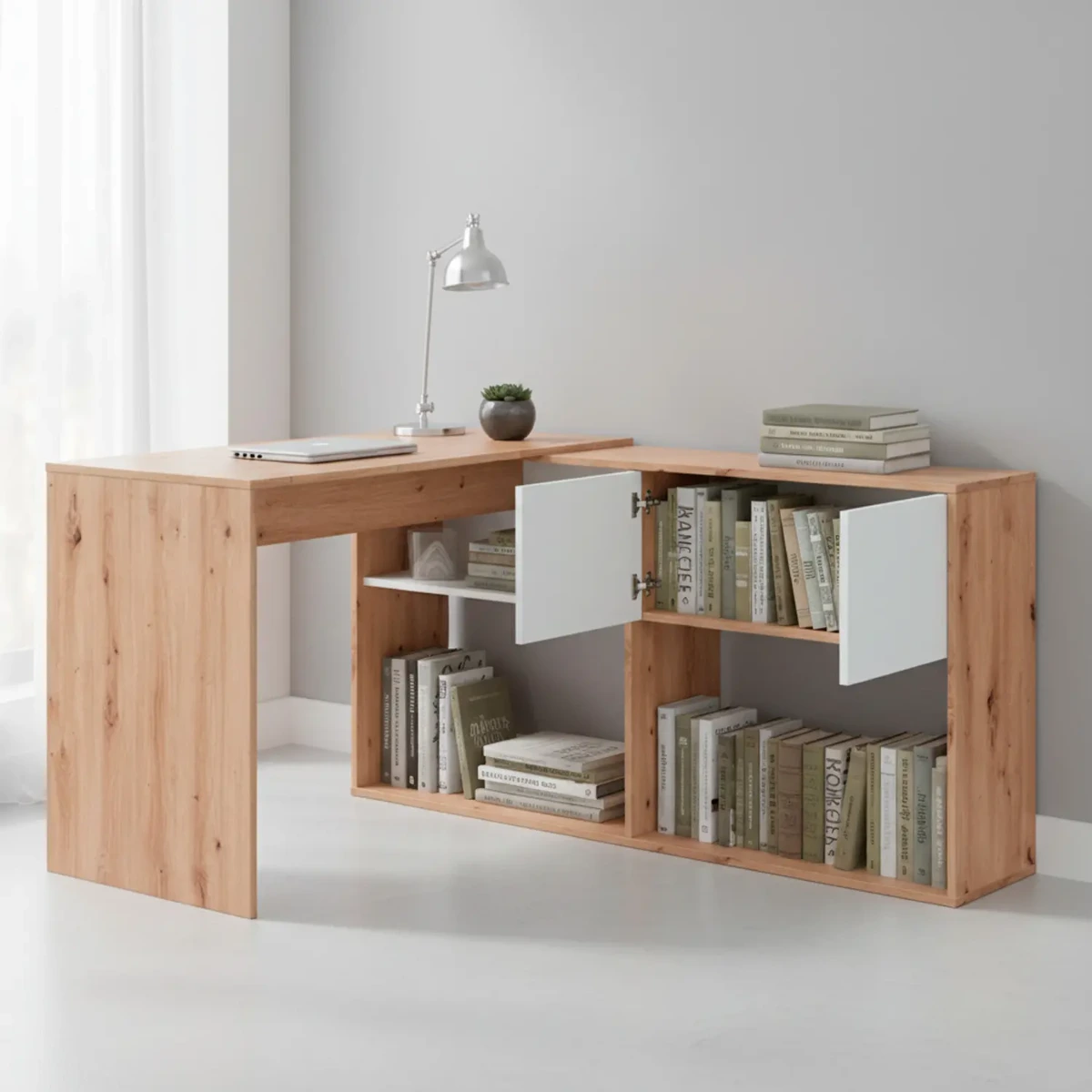 Scrivania Libreria Multiposizione Reversibile con 2 Ante e Ripiani Tavolo Ufficio Casa Salvaspazio con 3 configurazioni Verticale e Orizzontale Dimensioni: 140 x 108 x 70 Cm
