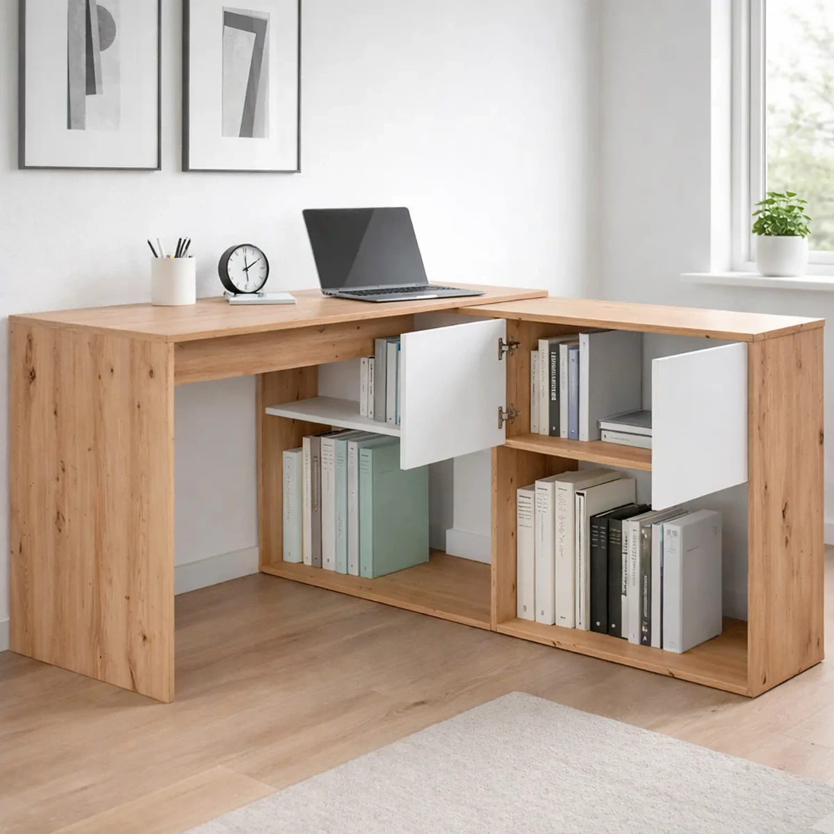 Scrivania Libreria Multiposizione Reversibile con 2 Ante e Ripiani Tavolo Ufficio Casa Salvaspazio con 3 configurazioni Verticale e Orizzontale Dimensioni: 140 x 108 x 70 Cm