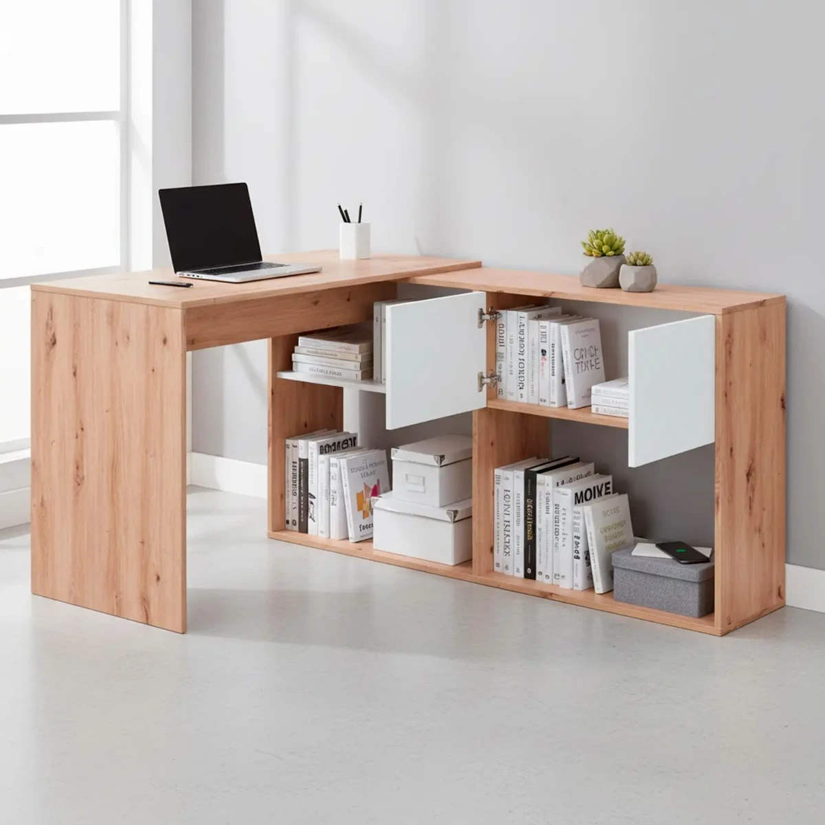 Scrivania Libreria Multiposizione Reversibile con 2 Ante e Ripiani Tavolo Ufficio Casa Salvaspazio con 3 configurazioni Verticale e Orizzontale Dimensioni: 140 x 108 x 70 Cm