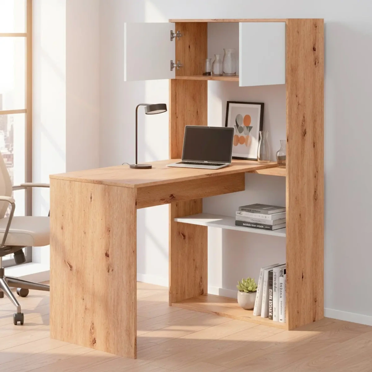 Scrivania Libreria Multiposizione Reversibile con 2 Ante e Ripiani Tavolo Ufficio Casa Salvaspazio con 3 configurazioni Verticale e Orizzontale Dimensioni: 140 x 108 x 70 Cm