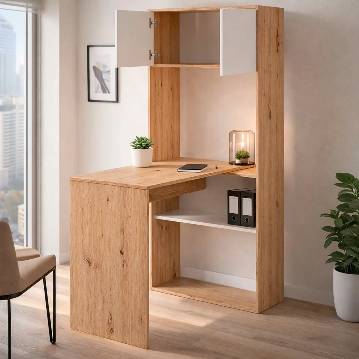 Scrivania Libreria Multiposizione Reversibile con 2 Ante e Ripiani Tavolo Ufficio Casa Salvaspazio con 3 configurazioni Verticale e Orizzontale Dimensioni: 140 x 108 x 70 Cm