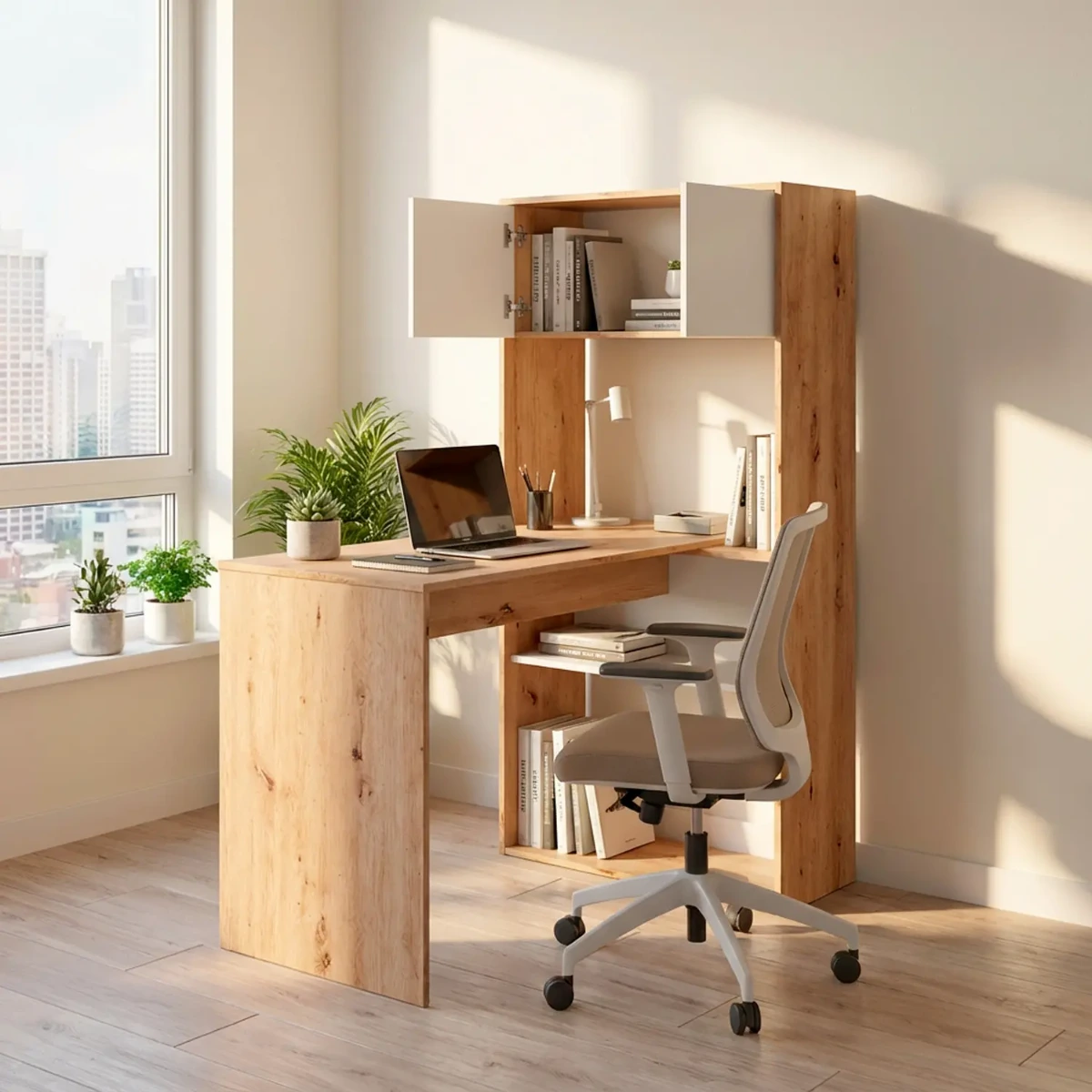 Scrivania Libreria Multiposizione Reversibile con 2 Ante e Ripiani Tavolo Ufficio Casa Salvaspazio con 3 configurazioni Verticale e Orizzontale Dimensioni: 140 x 108 x 70 Cm