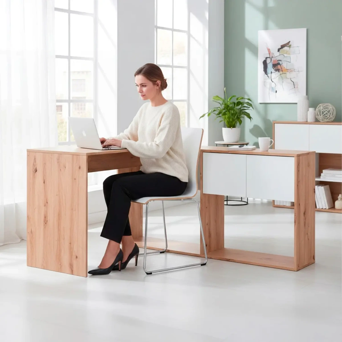 Scrivania Libreria Multiposizione Reversibile con 2 Ante e Ripiani Tavolo Ufficio Casa Salvaspazio con 3 configurazioni Verticale e Orizzontale Dimensioni: 140 x 108 x 70 Cm