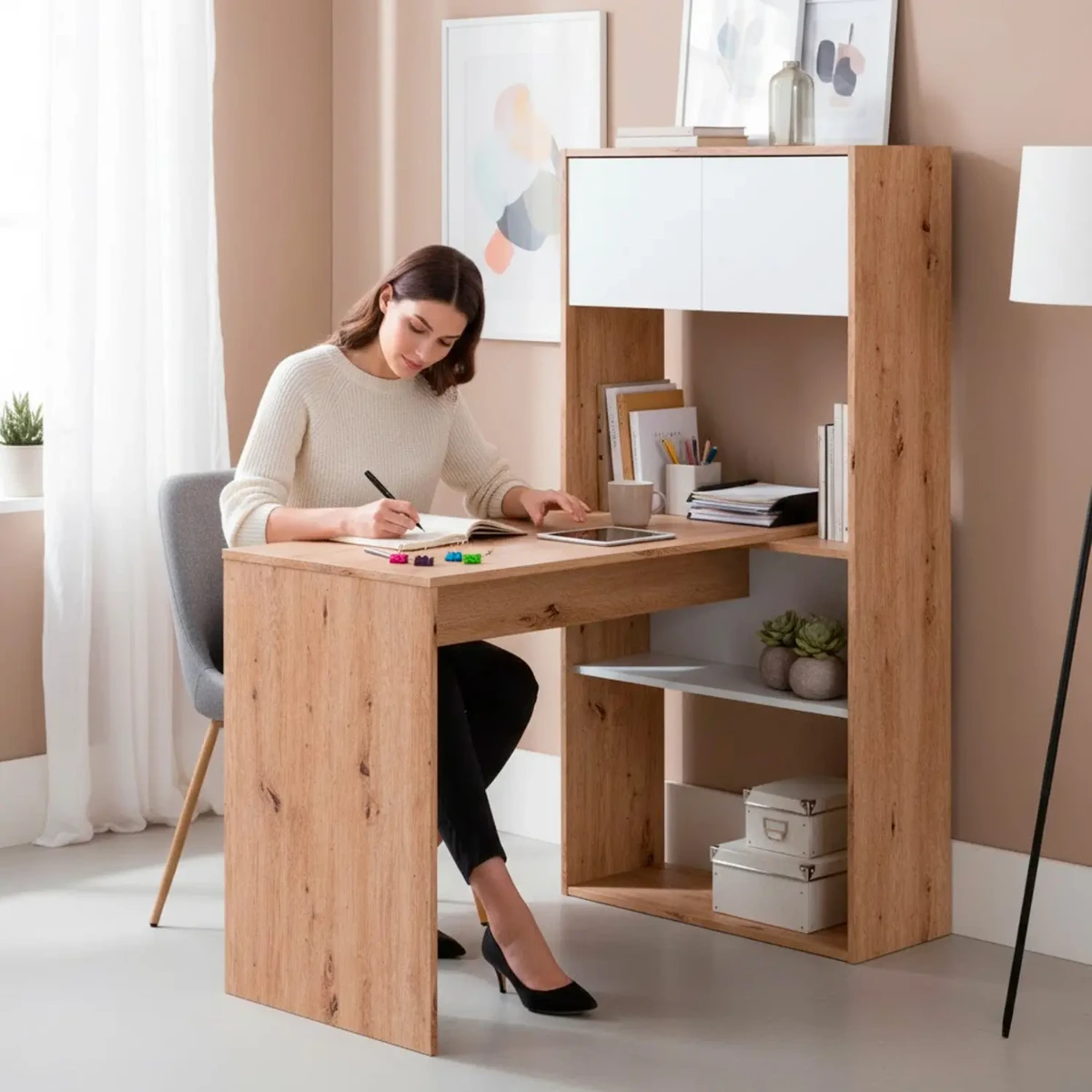 Scrivania Libreria Multiposizione Reversibile con 2 Ante e Ripiani Tavolo Ufficio Casa Salvaspazio con 3 configurazioni Verticale e Orizzontale Dimensioni: 140 x 108 x 70 Cm