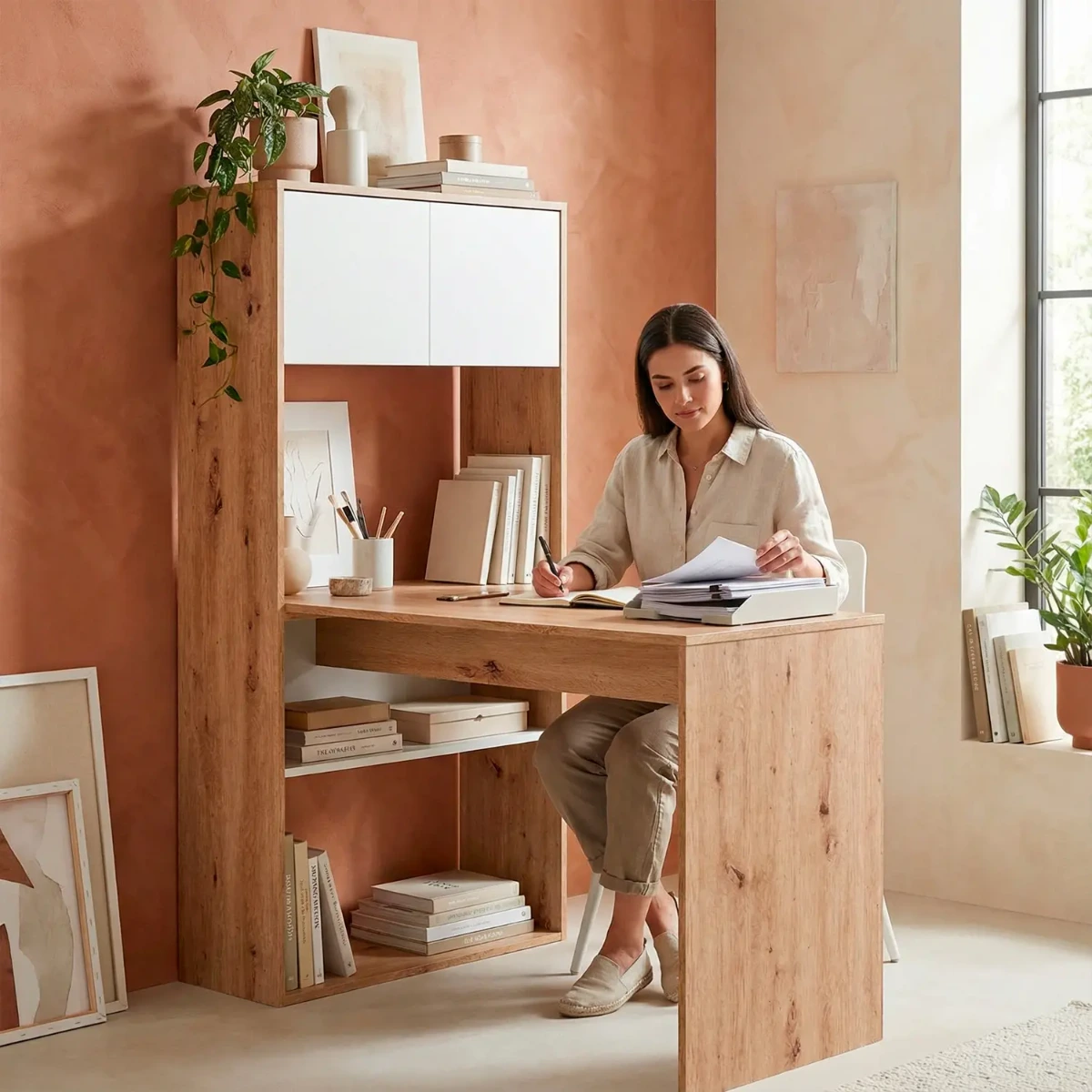 Scrivania Libreria Multiposizione Reversibile con 2 Ante e Ripiani Tavolo Ufficio Casa Salvaspazio con 3 configurazioni Verticale e Orizzontale Dimensioni: 140 x 108 x 70 Cm