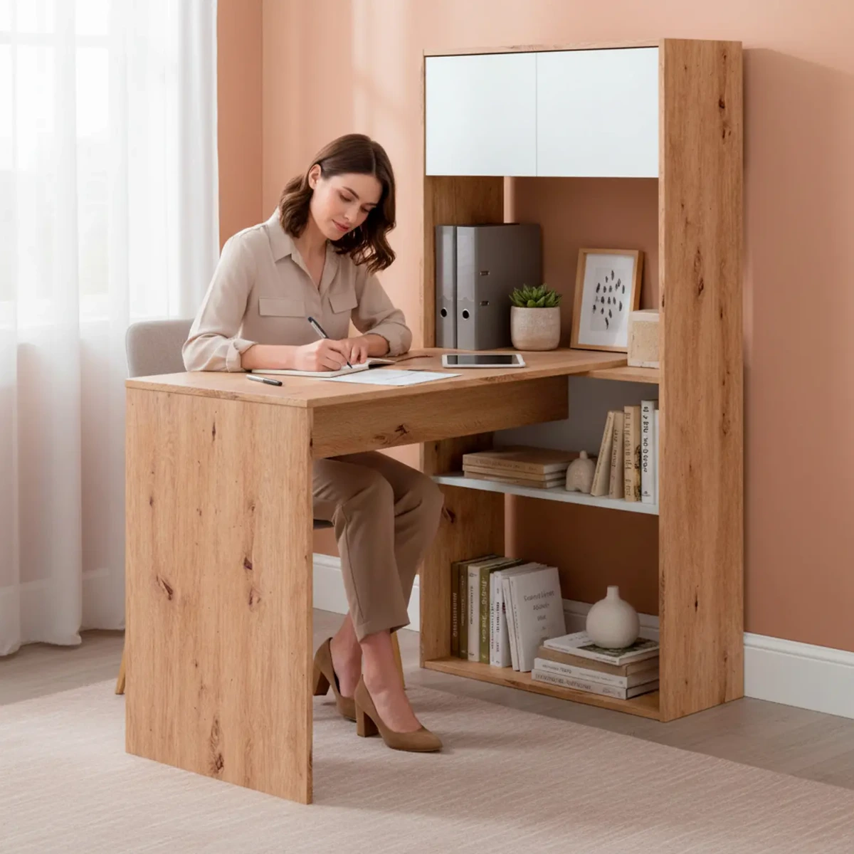 Scrivania Libreria Multiposizione Reversibile con 2 Ante e Ripiani Tavolo Ufficio Casa Salvaspazio con 3 configurazioni Verticale e Orizzontale Dimensioni: 140 x 108 x 70 Cm