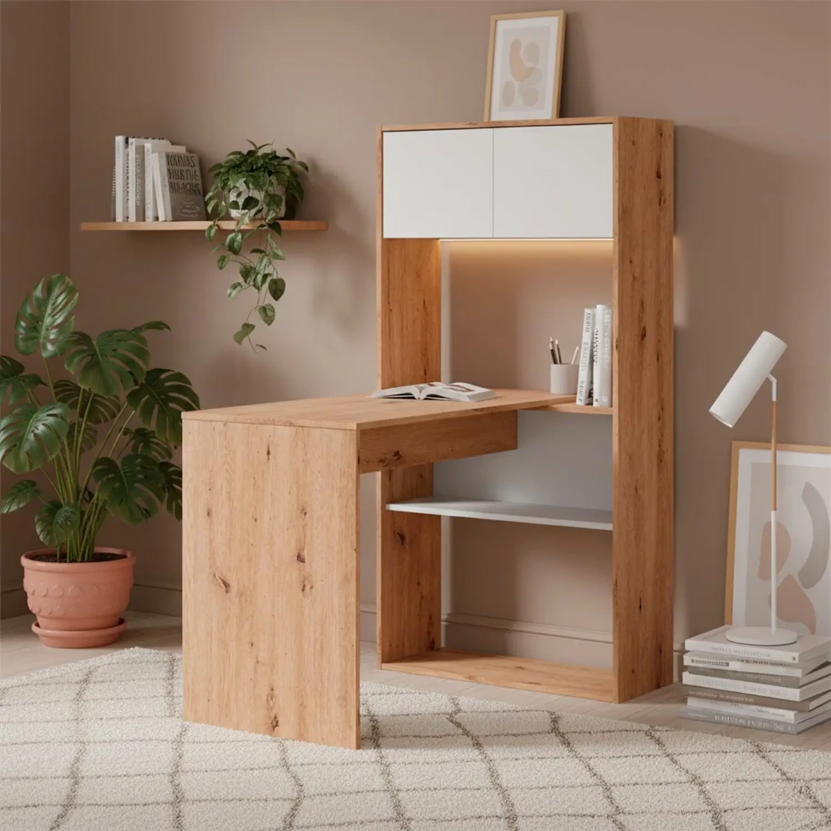 Scrivania Libreria Multiposizione Reversibile con 2 Ante e Ripiani Tavolo Ufficio Casa Salvaspazio con 3 configurazioni Verticale e Orizzontale Dimensioni: 140 x 108 x 70 Cm