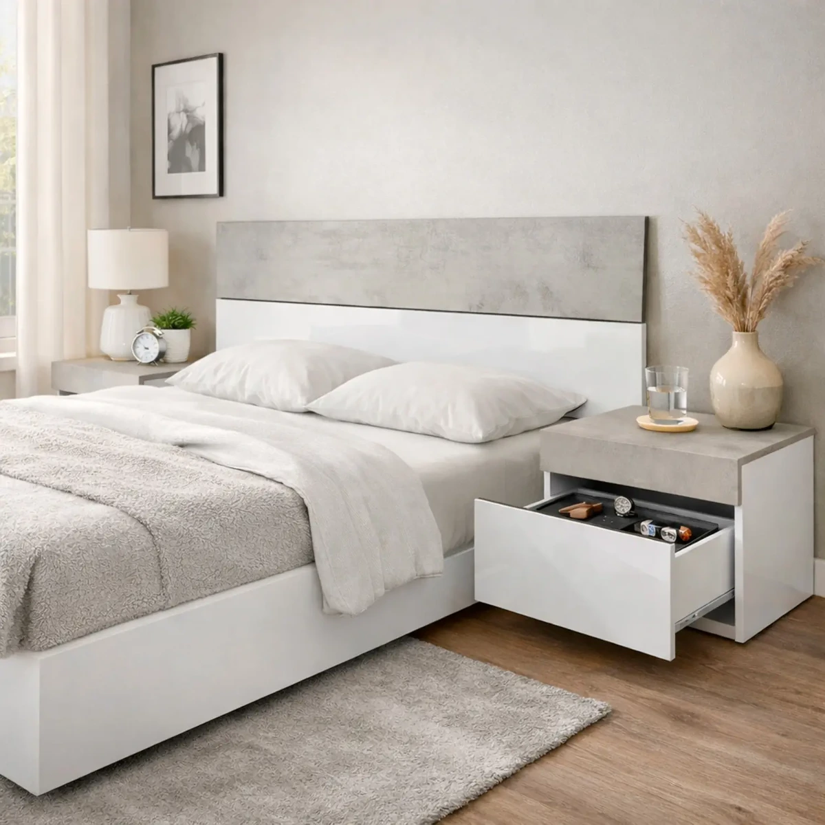 Testiera Letto Matrimoniale con 2 Comodini da 1 Cassetto e Guide Metalliche Design Moderno Minimal per Camera da Letto Stanza Ospiti