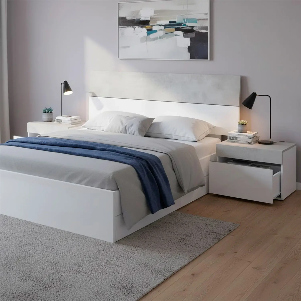 Testiera Letto Matrimoniale con 2 Comodini da 1 Cassetto e Guide Metalliche Design Moderno Minimal per Camera da Letto Stanza Ospiti