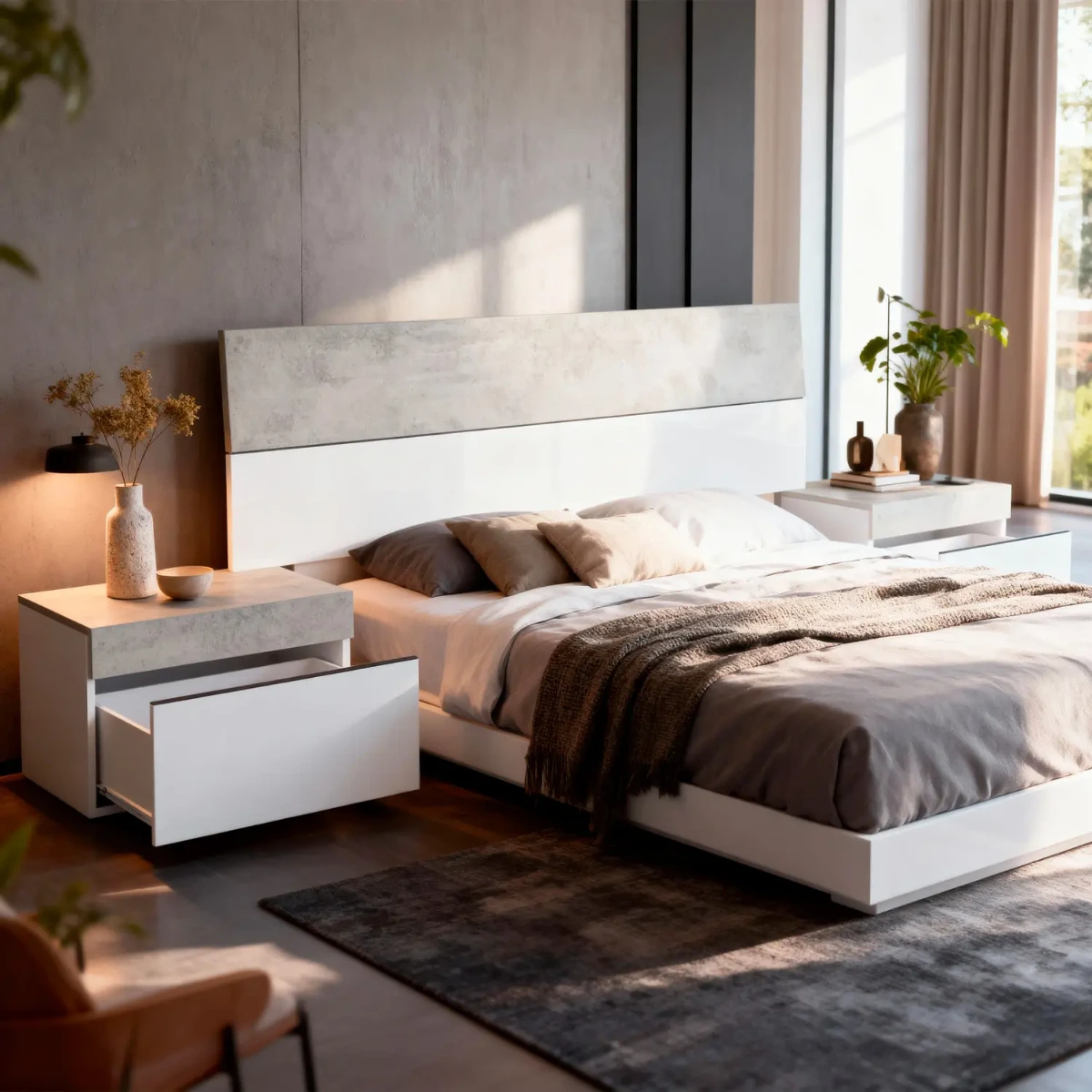 Testiera Letto Matrimoniale con 2 Comodini da 1 Cassetto e Guide Metalliche Design Moderno Minimal per Camera da Letto Stanza Ospiti